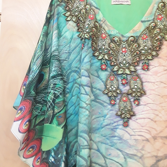 Embroidered Peacock batwing kaftan Kashkha - Picture 4 of 12